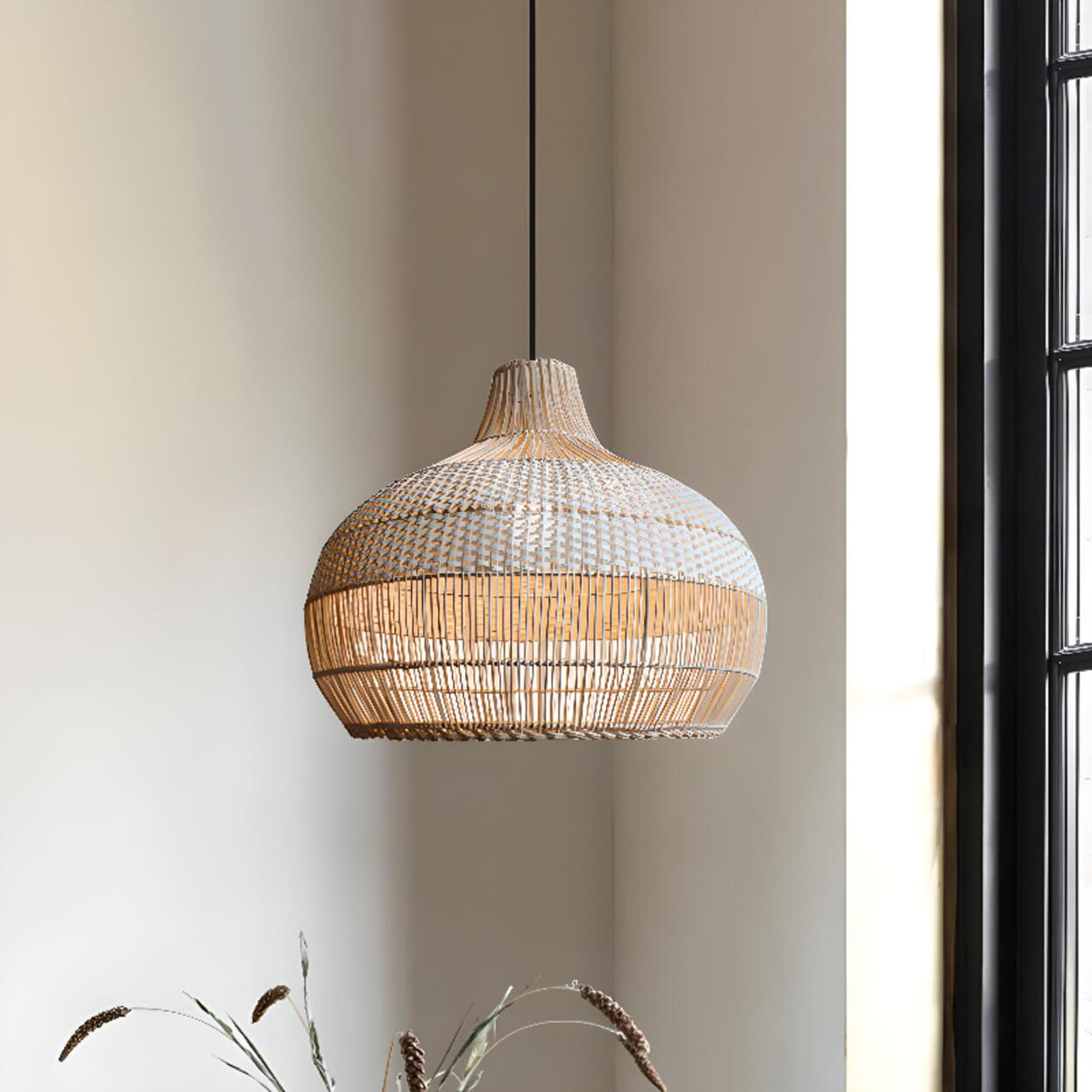 Oriental Rattan Woven Brown Dome Pendant Light Image - 1