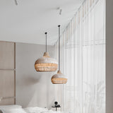 Oriental Rattan Woven Brown Dome Pendant Light Image - 6