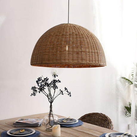 Oriental Rustic Decor Large Dome Rattan Pendant Light Image - 1