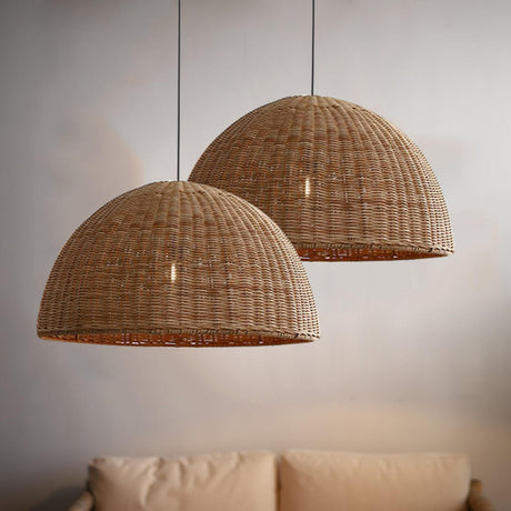 Oriental Rustic Decor Large Dome Rattan Pendant Light Image - 2