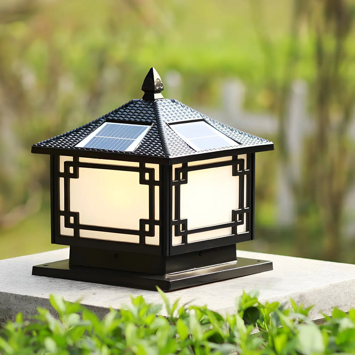 Oriental Solar Metal Black Square Post Outdoor Lamp Image - 11