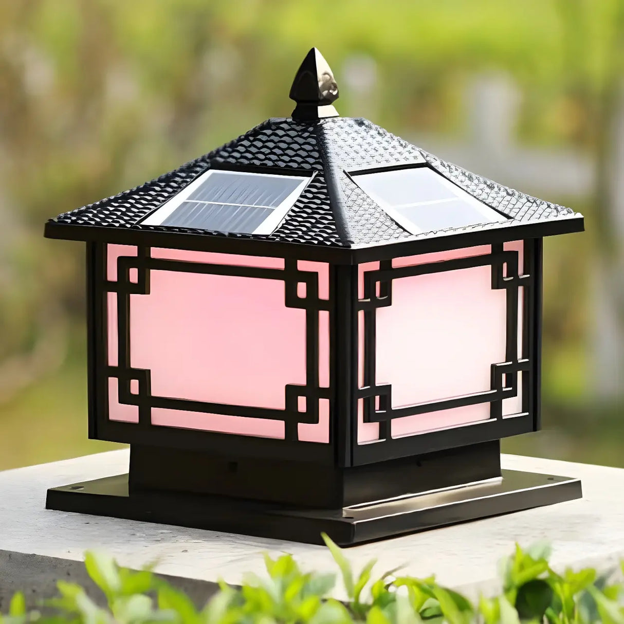 Oriental Solar Metal Black Square Post Outdoor Lamp Image - 12