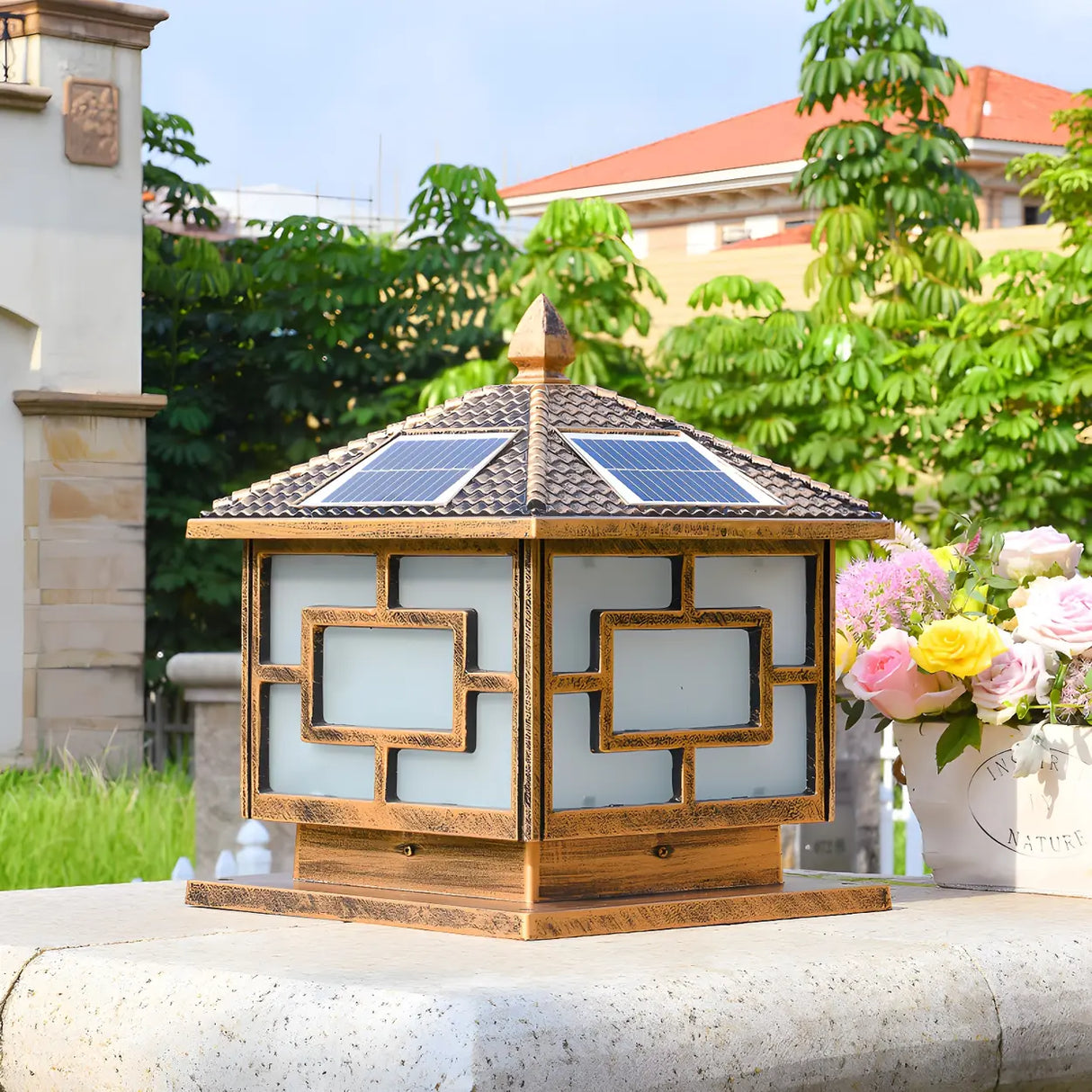 Oriental Square Pavilion Solar Metal Post Outdoor Lamp Image - 14