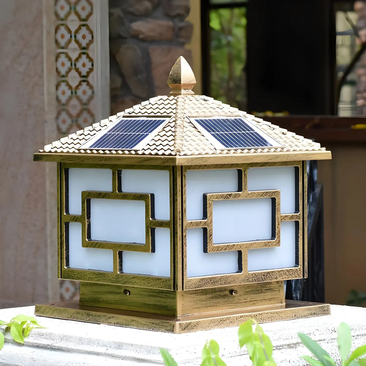 Oriental Square Pavilion Solar Metal Post Outdoor Lamp Image - 3