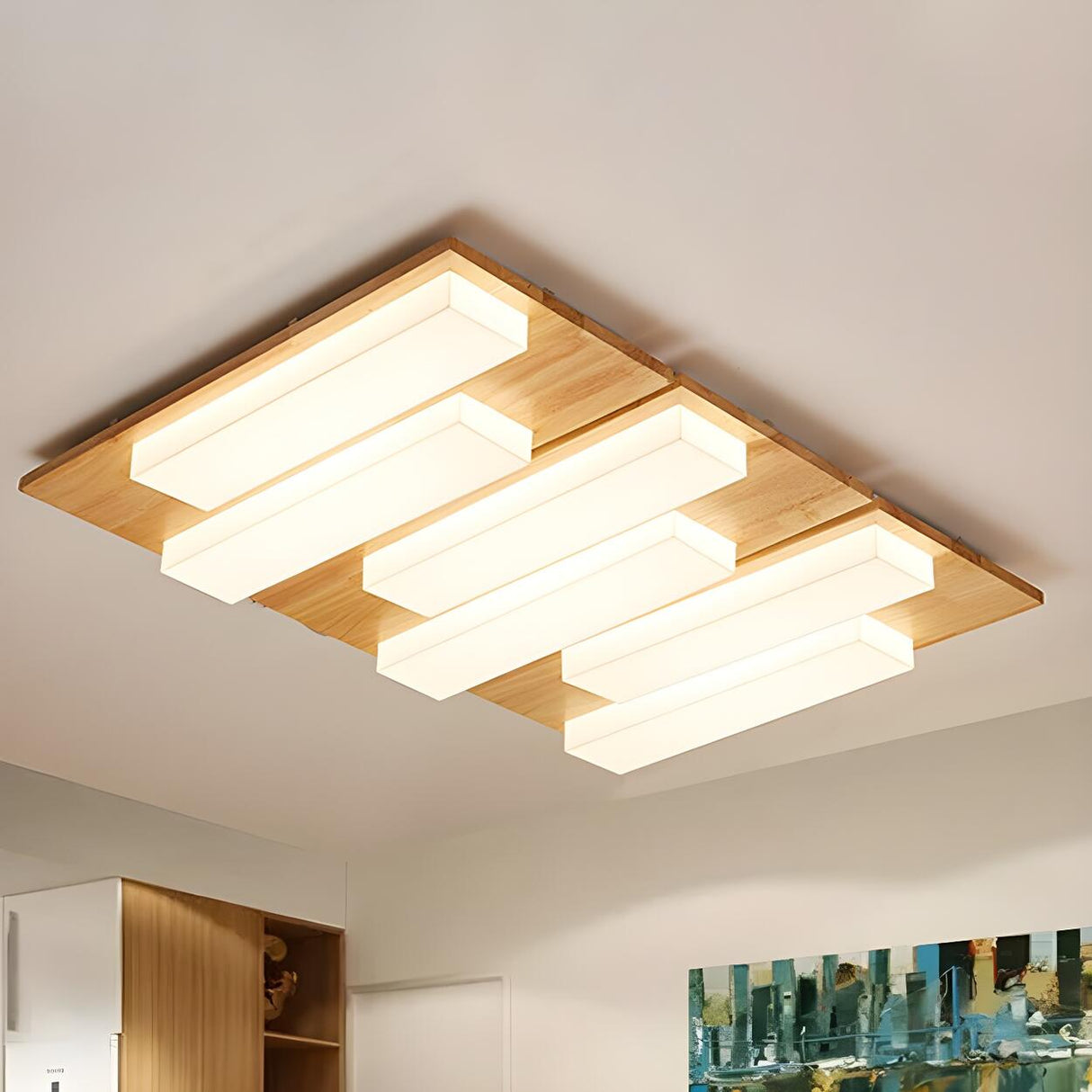 Oriental Wood Rectangle LED Flush Mount Ceiling Light Image - 12