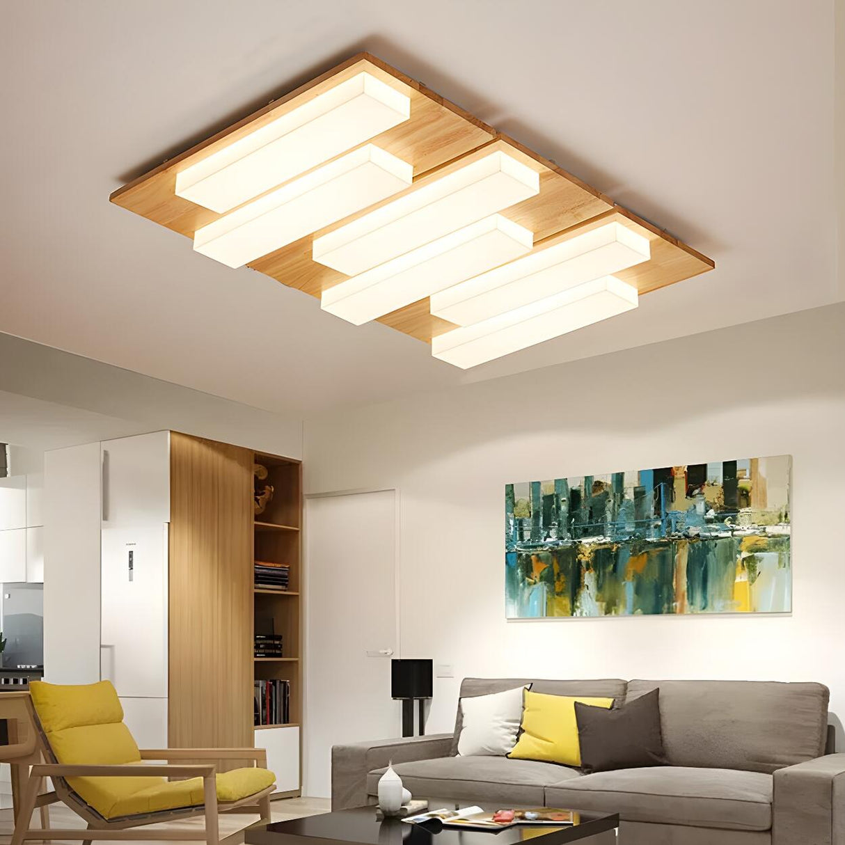 Oriental Wood Rectangle LED Flush Mount Ceiling Light Image - 14