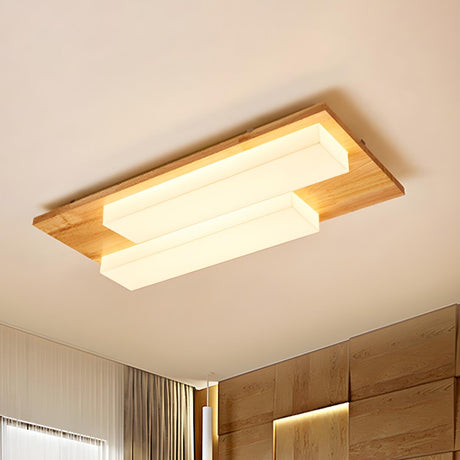 Oriental Wood Rectangle LED Flush Mount Ceiling Light Image - 2