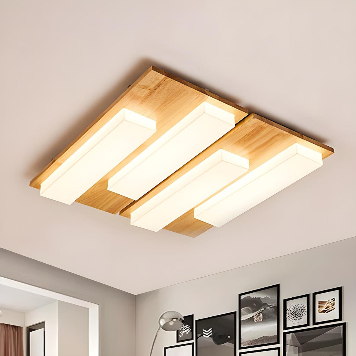 Oriental Wood Rectangle LED Flush Mount Ceiling Light Image - 7