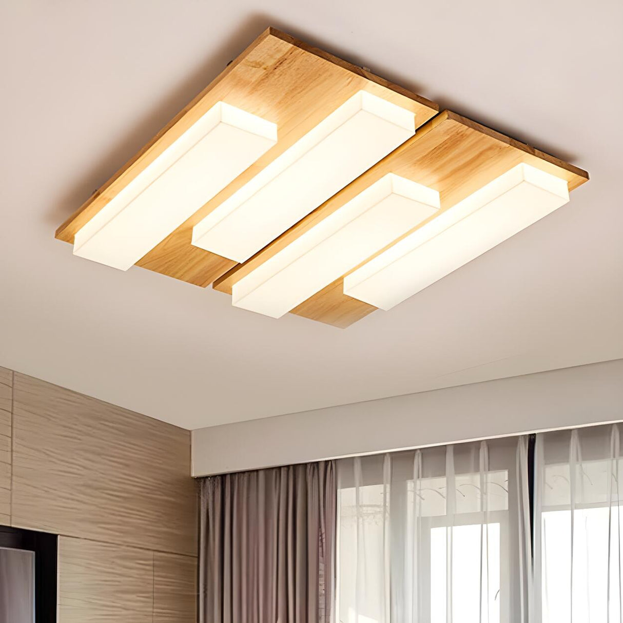 Oriental Wood Rectangle LED Flush Mount Ceiling Light Image - 8