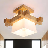 Oriental Wooden Frame Square Semi-Flush Mount Light Image - 1