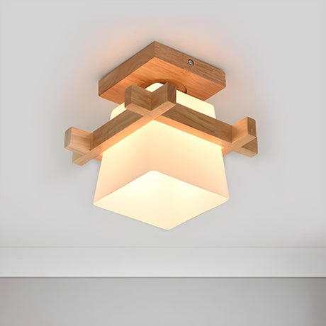 Oriental Wooden Frame Square Semi-Flush Mount Light Image - 2