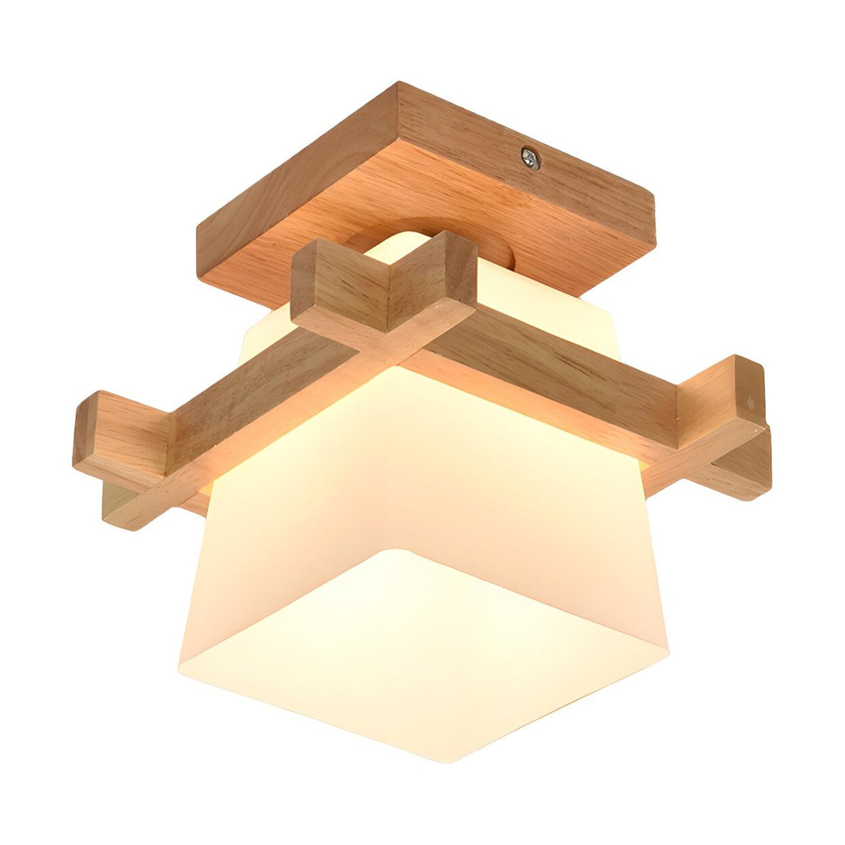 Oriental Wooden Frame Square Semi-Flush Mount Light Image - 3