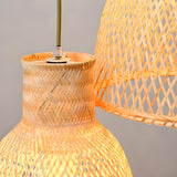 Oriental Woven Bamboo Wood Dome Stairwell Pendant Light Set Image - 17