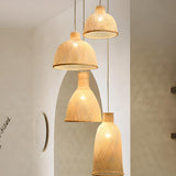 Oriental Woven Bamboo Wood Dome Stairwell Pendant Light Set Image - 3