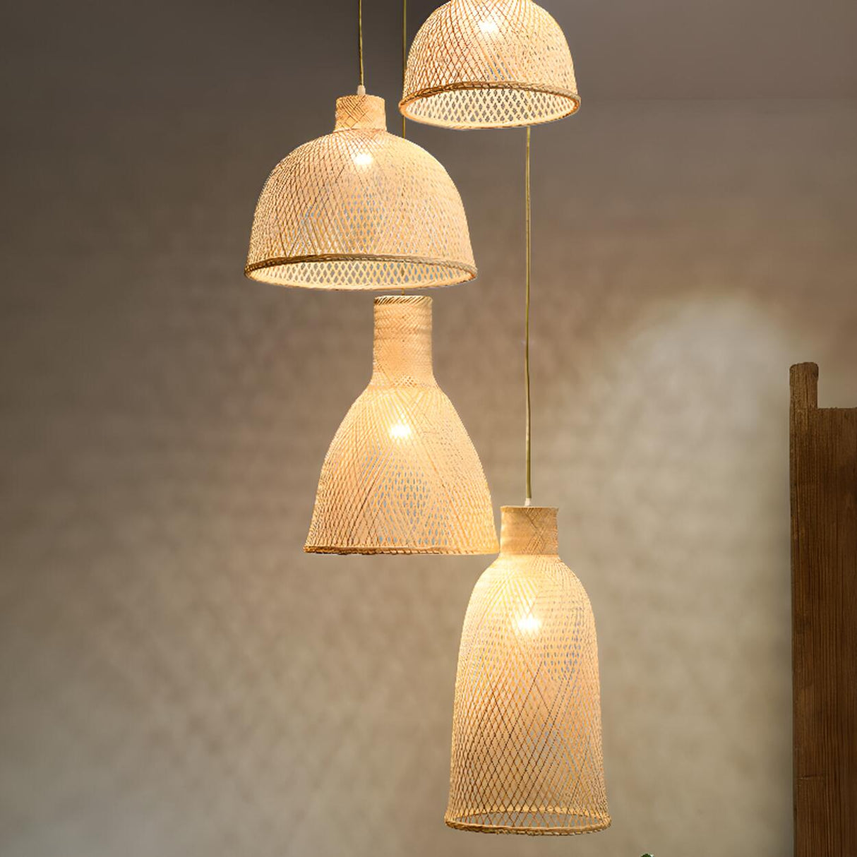 Oriental Woven Bamboo Wood Dome Stairwell Pendant Light Set Image - 4