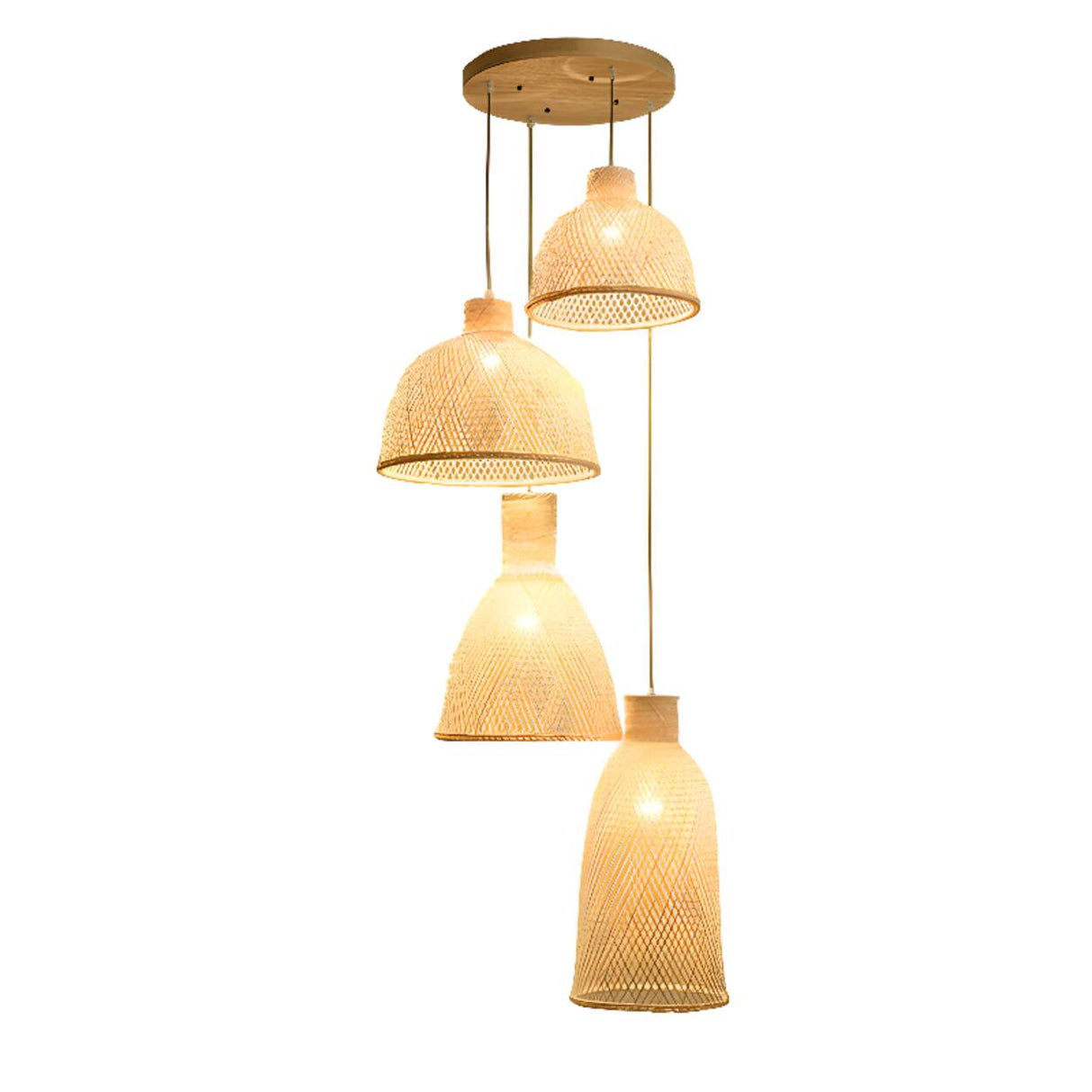 Oriental Woven Bamboo Wood Dome Stairwell Pendant Light Set Image - 5