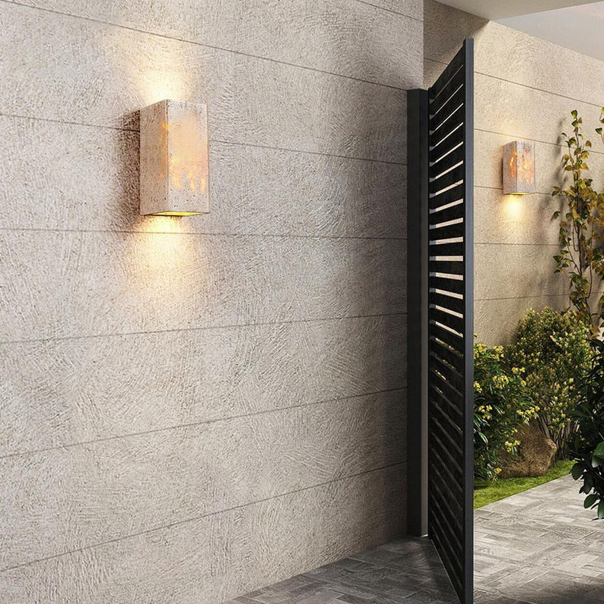 Outdoor Beige Stone Rectangular Up Down Wall Lamp Image - 1