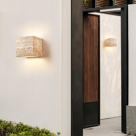 Outdoor Beige Stone Rectangular Up Down Wall Lamp Image - 2