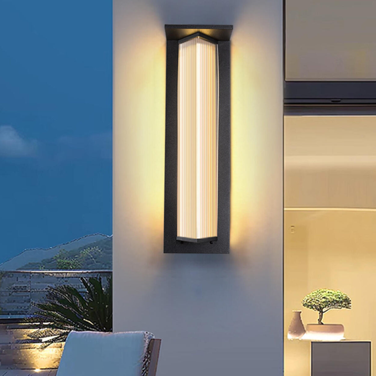 Outdoor Ribbed Glass Black Vertical Wall Sconce Image - 6