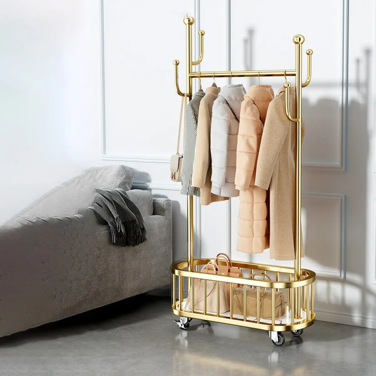 Oval Basket Metal Gold Hooks Storage Coat Rack Stand Image - 2