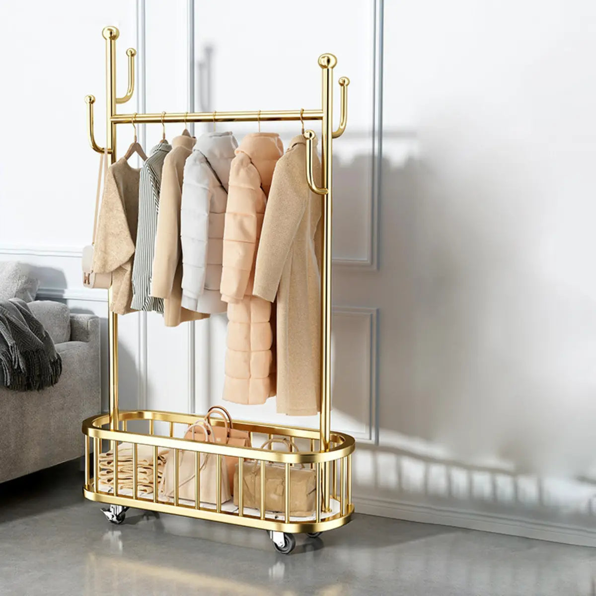 Oval Basket Metal Gold Hooks Storage Coat Rack Stand Image - 3