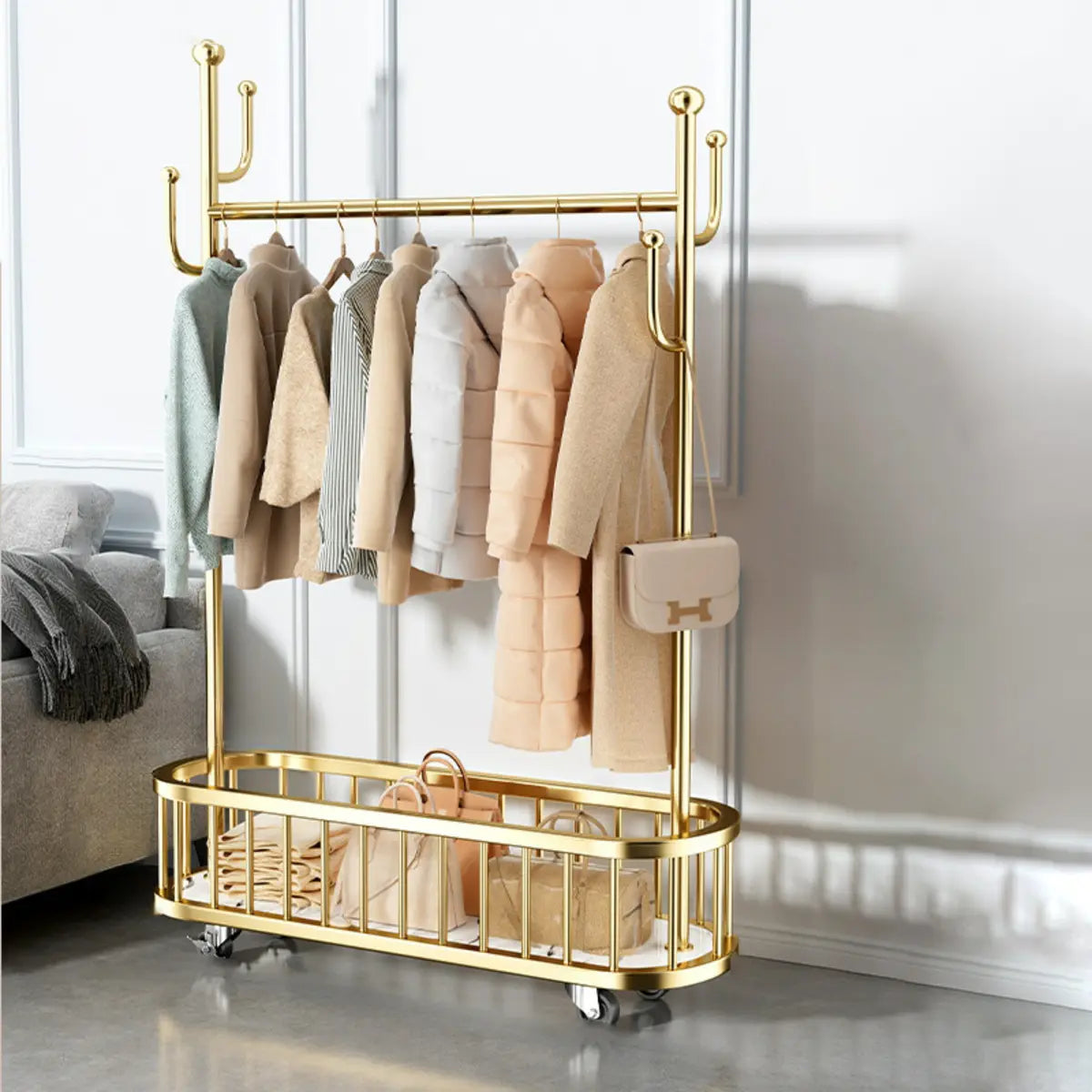 Oval Basket Metal Gold Hooks Storage Coat Rack Stand Image - 5