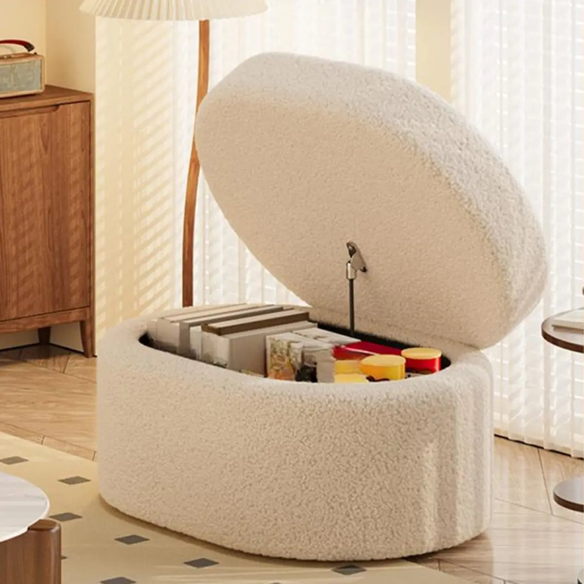 Oval Sherpa Footstool Medium Sponge Storage Ottomans Image - 6