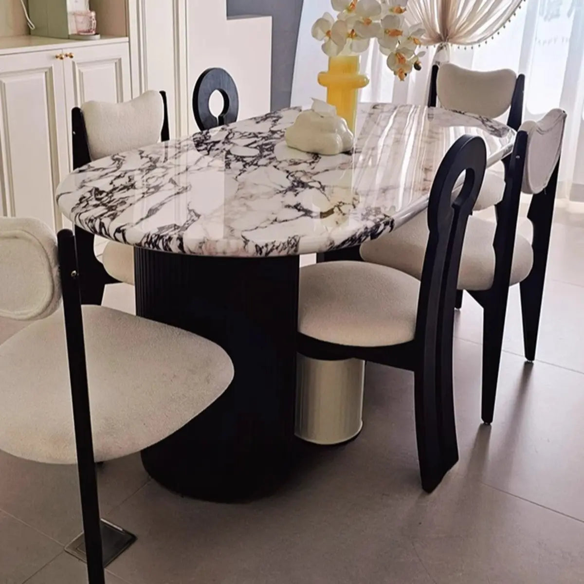 Oval White Marble Textured Dining Set with 4 Chairs Image - 3