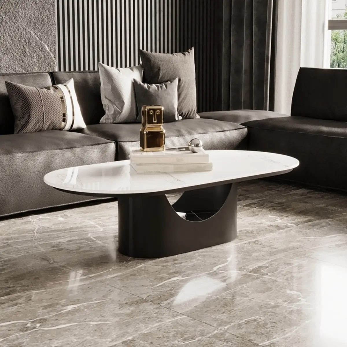 Oval White Stone Black Steel Base Storage Coffee Table Image - 1