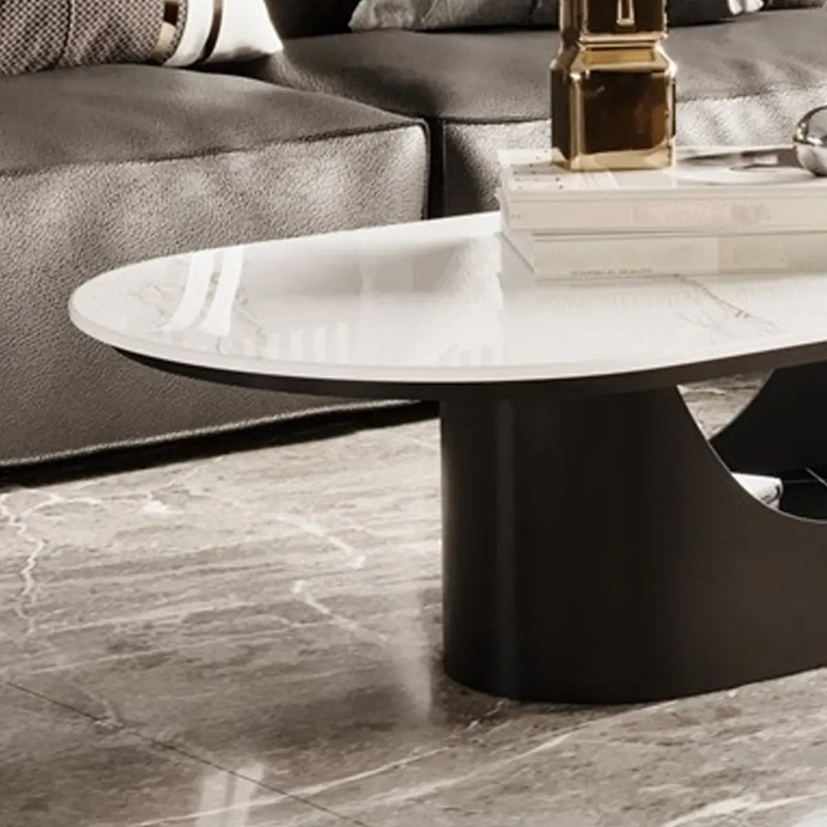 Oval White Stone Black Steel Base Storage Coffee Table Image - 10