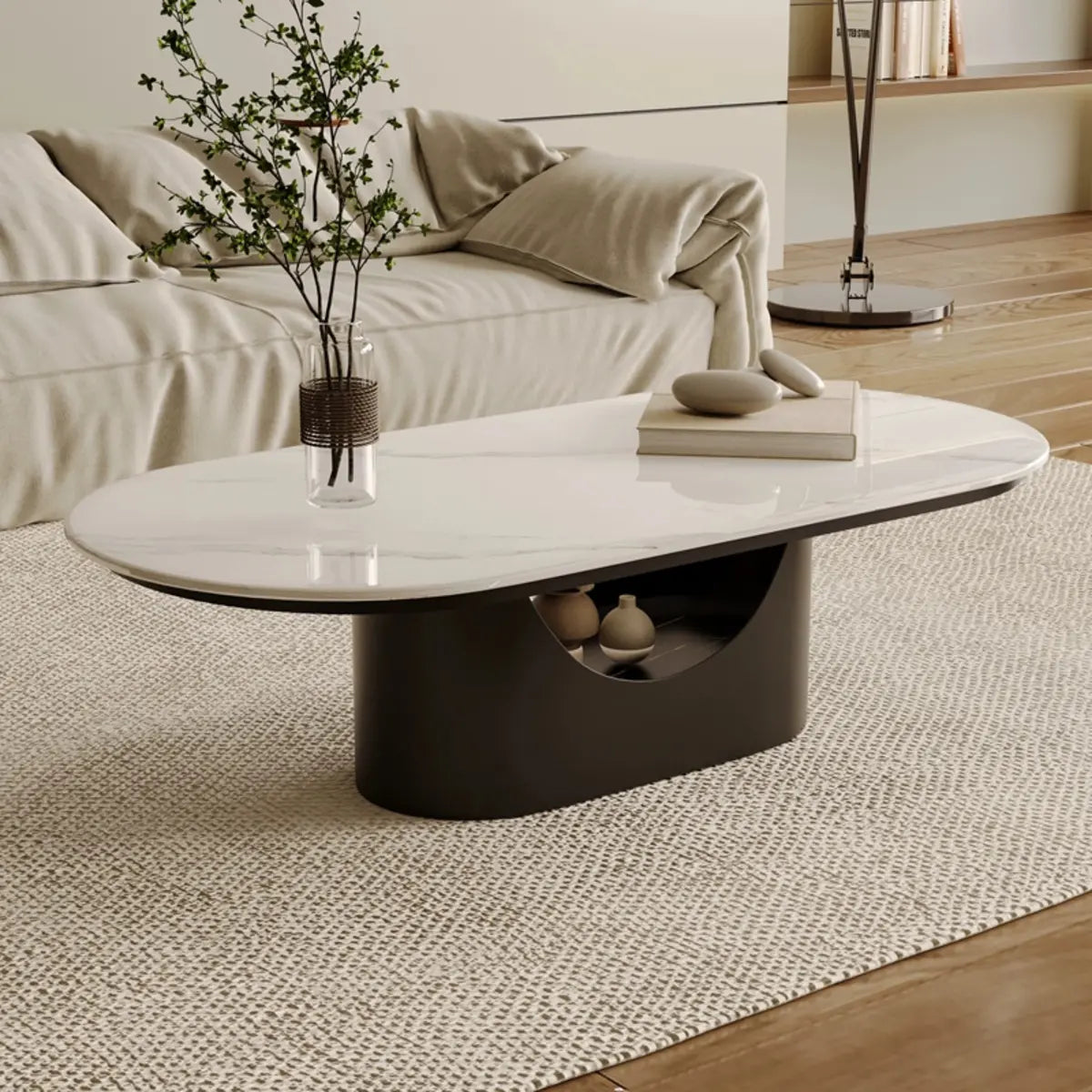 Oval White Stone Black Steel Base Storage Coffee Table Image - 2