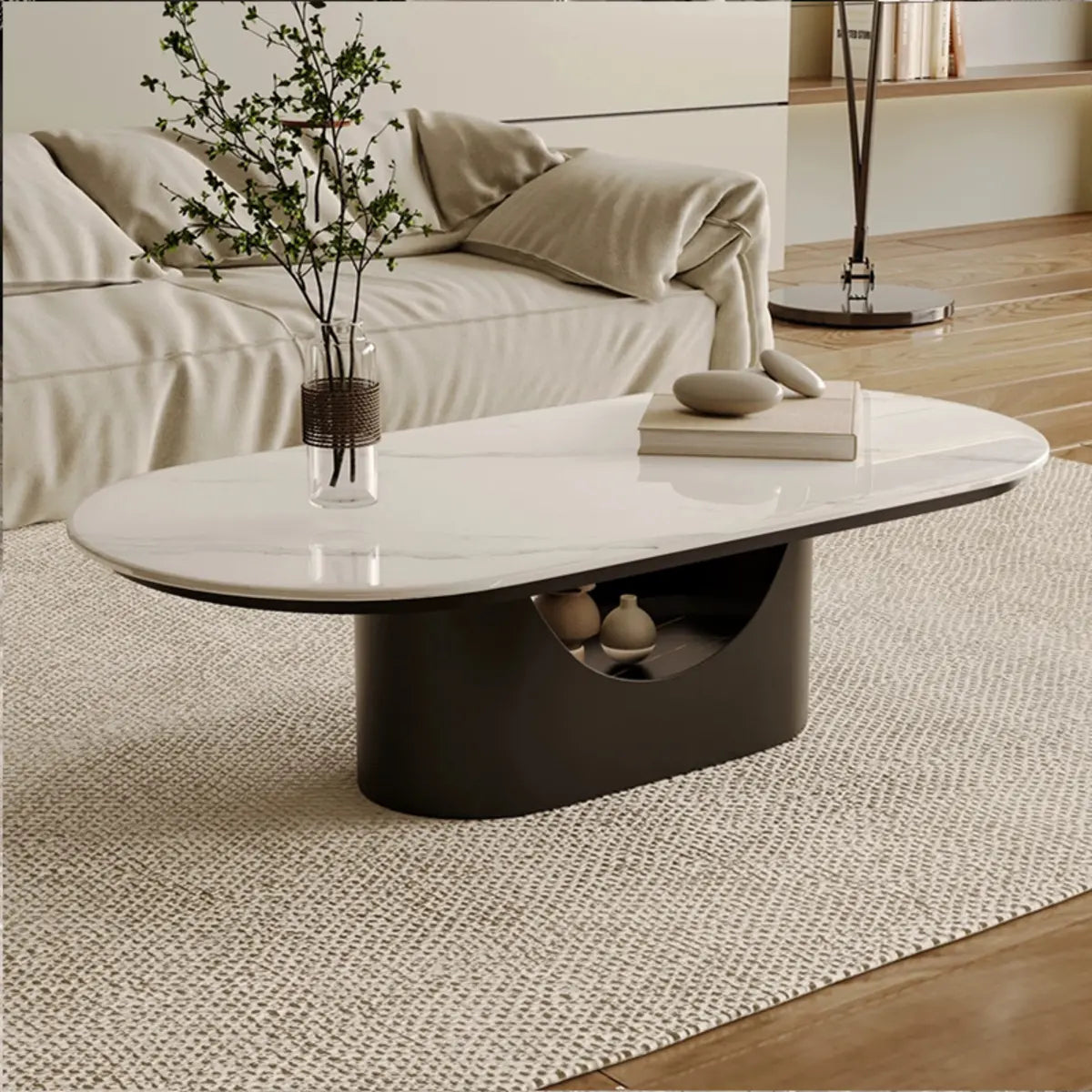 Oval White Stone Black Steel Base Storage Coffee Table Image - 4