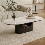 Oval White Stone Black Steel Base Storage Coffee Table Image - 4