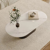 Oval White Stone Black Steel Base Storage Coffee Table Image - 5