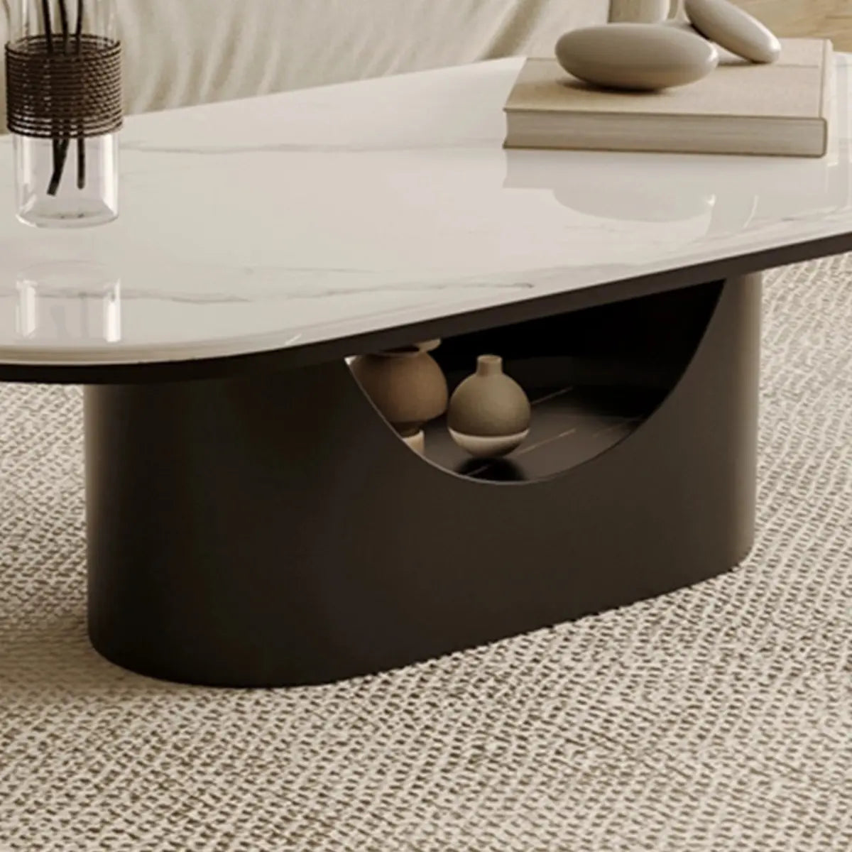 Oval White Stone Black Steel Base Storage Coffee Table Image - 8