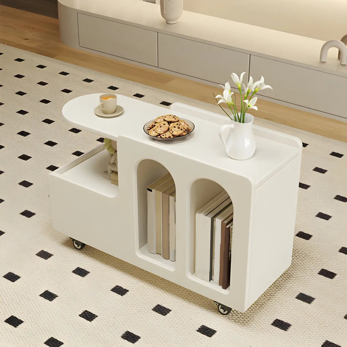 Oval White Wood Mobile Storage End Table with Drawers Image - 11