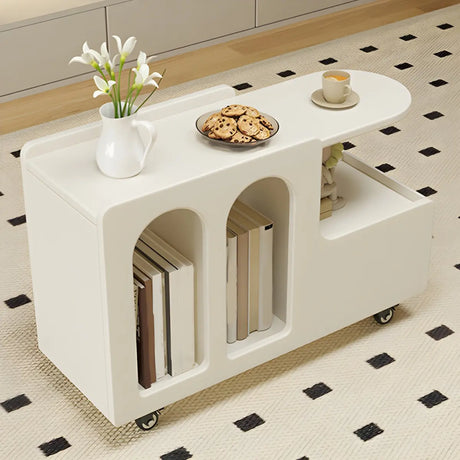 Oval White Wood Mobile Storage End Table with Drawers Image - 2