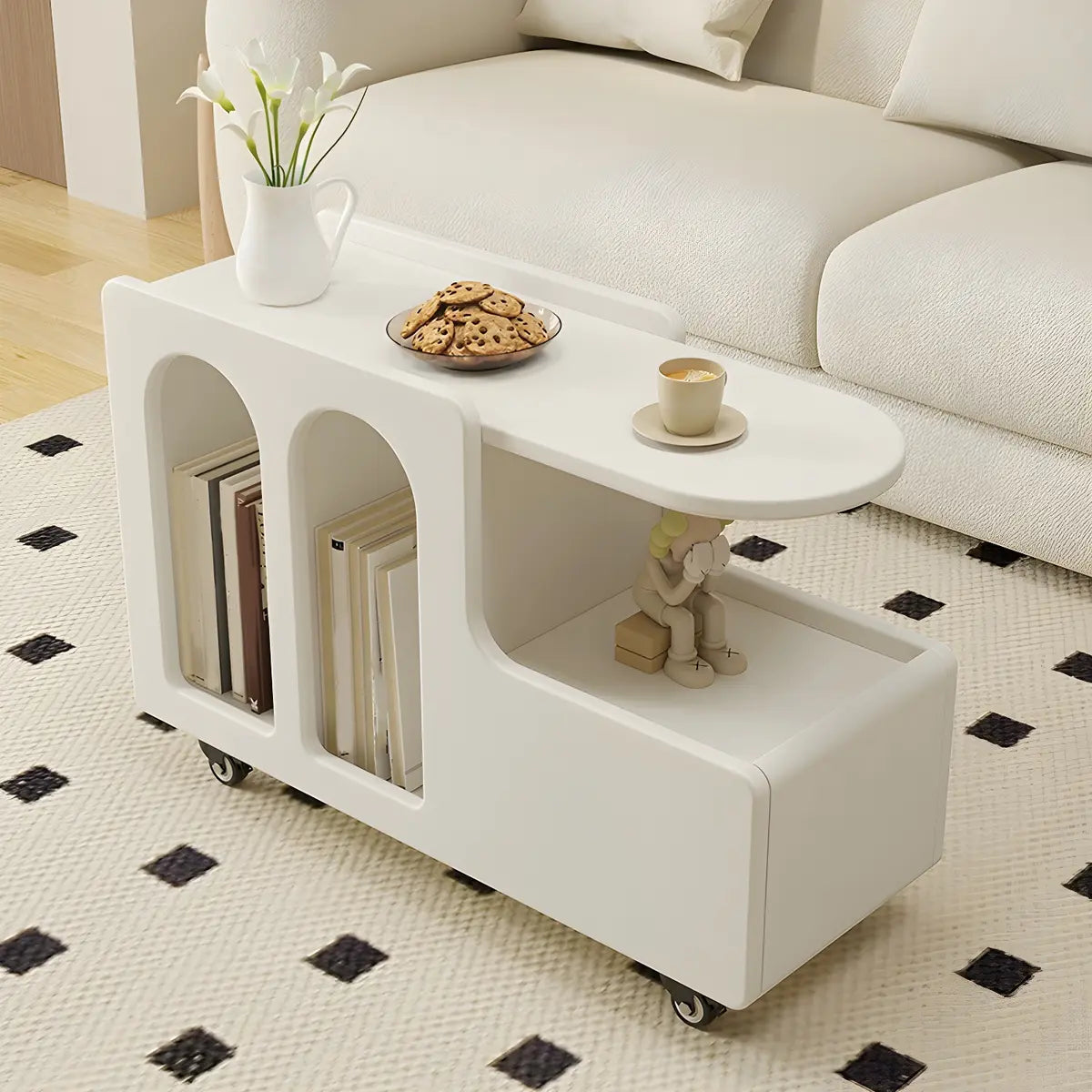 Oval White Wood Mobile Storage End Table with Drawers Image - 4