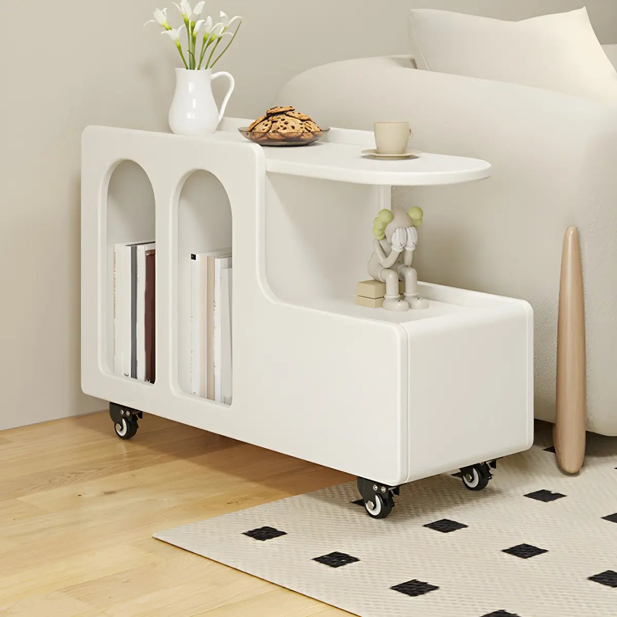 Oval White Wood Mobile Storage End Table with Drawers Image - 6