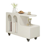 Oval White Wood Mobile Storage End Table with Drawers Image - 7