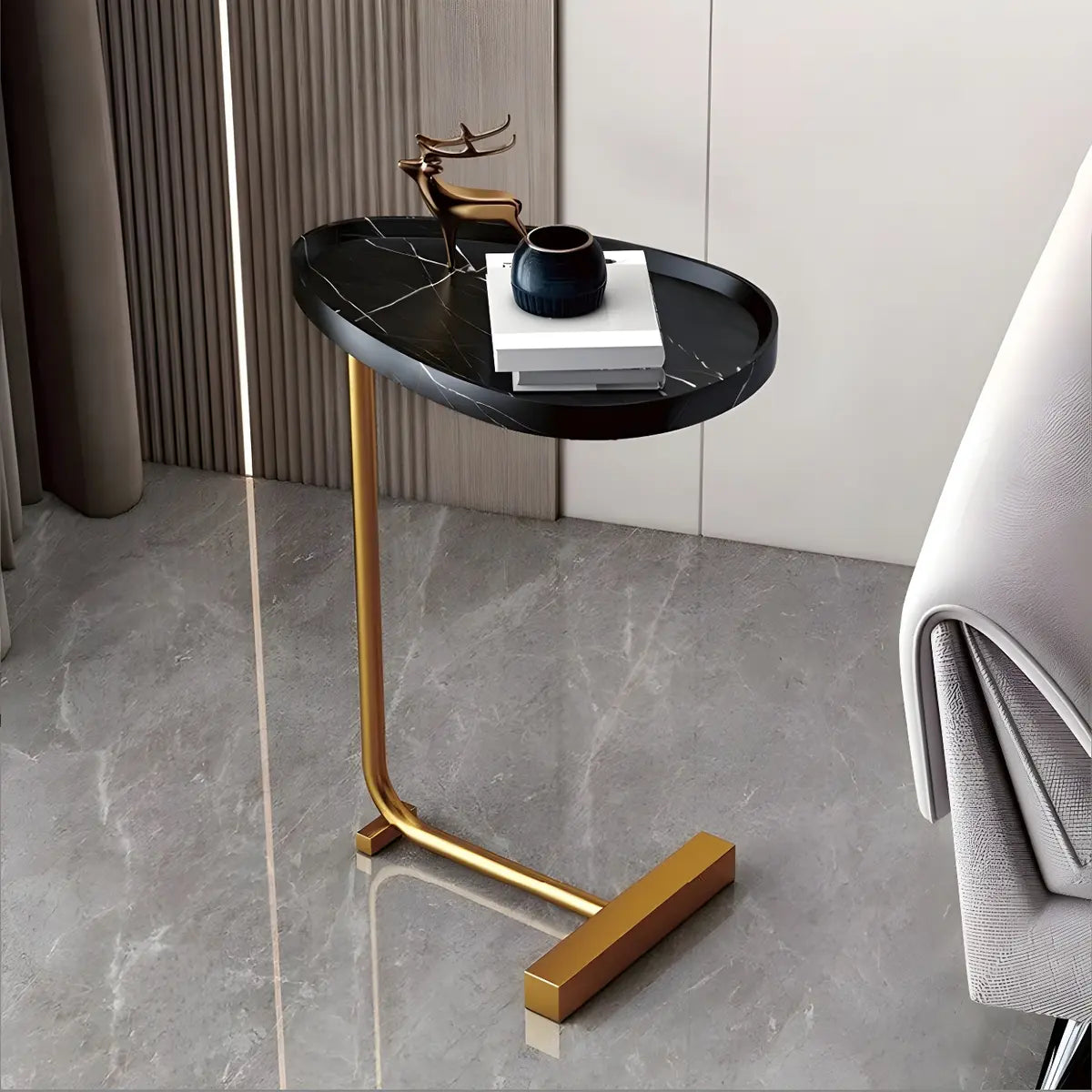 Oval Wood Metal Natural Versatile C-Shaped End Table Image - 6