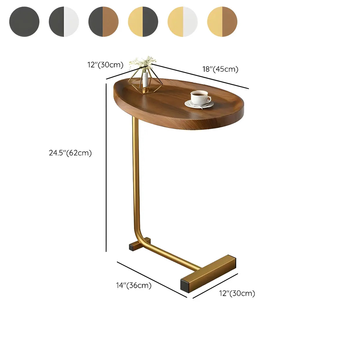 Oval Wood Tray Top Iron Multifunctional C-Shaped End Table 