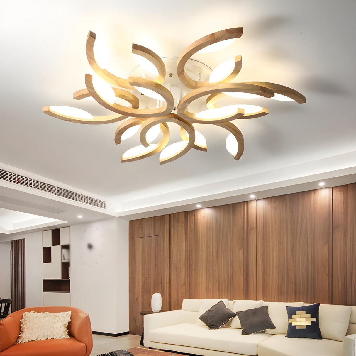 Oversized Natural Wood Leaf-Shaped LED Flush Mount Lamp Image - 1