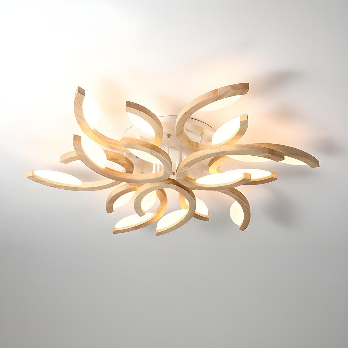 Oversized Natural Wood Leaf-Shaped LED Flush Mount Lamp Image - 8