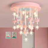 Paper Crane Star Pink Metal Small Kids Room Chandelier Image - 1