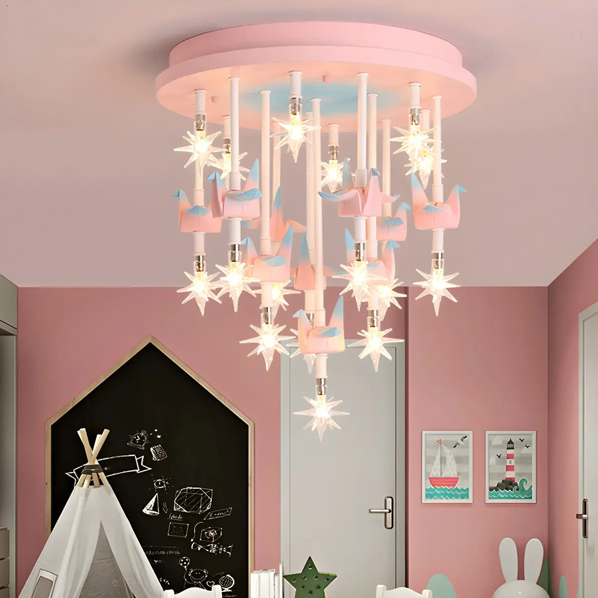 Paper Crane Star Pink Metal Small Kids Room Chandelier Image - 2