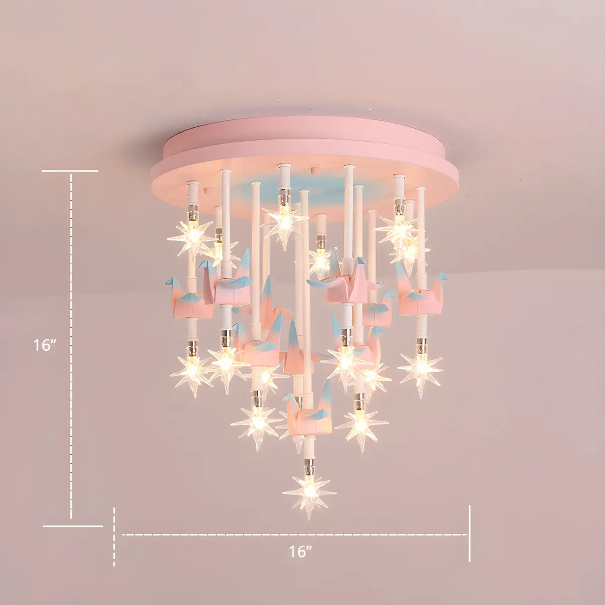 Paper Crane Star Pink Metal Small Kids Room Chandelier 