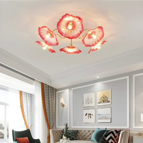 Parlor Large Red Floral Glass Semi-Flush Mount Light Image - 1