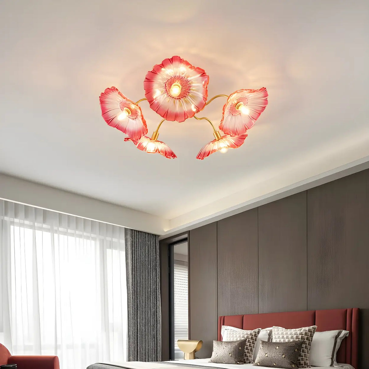 Parlor Large Red Floral Glass Semi-Flush Mount Light Image - 4