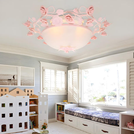 Pastoral Pink Floral Bowl Glass LED Flush Mount Light Image - 1